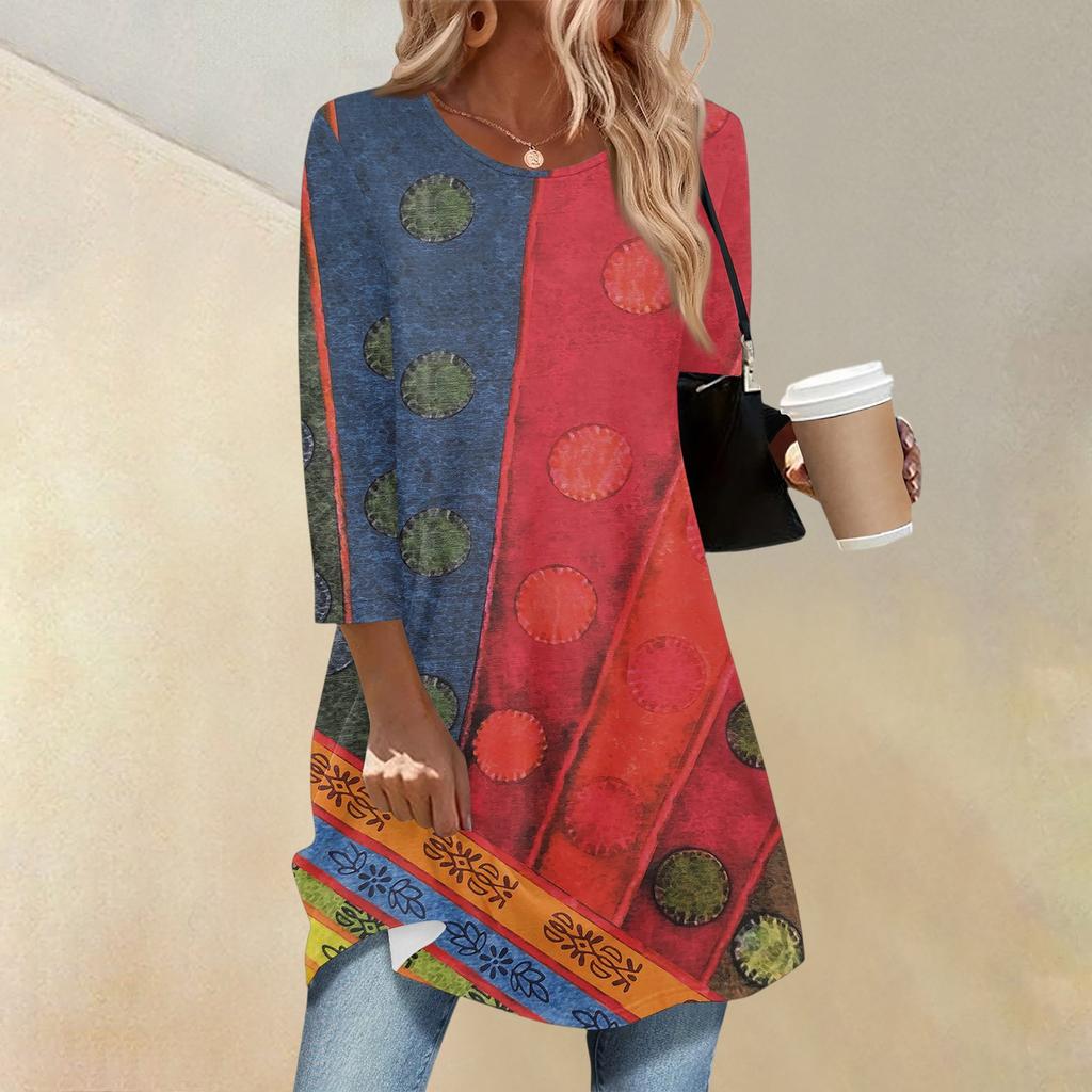 Women's Fashion Casual Three-quarter Sleeve Long Floral Print Round Neck Top