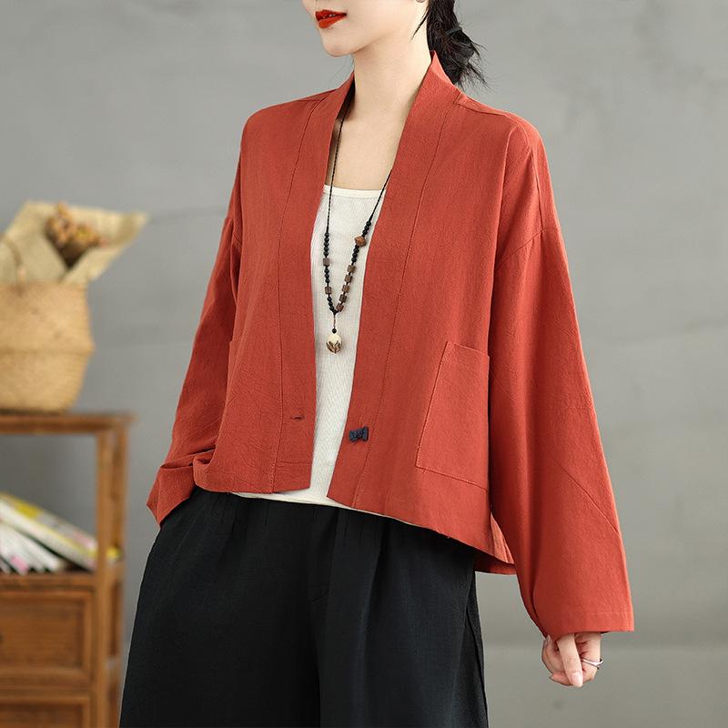 Damen S Locker Kurz Baumwoll-Leinen-Mischung Strickjacke Hemd