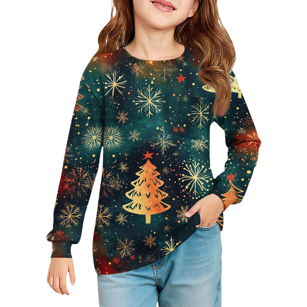 Christmas Day Girls' Long Sleeve Blouse - Round Neck Soft Waist Tunic