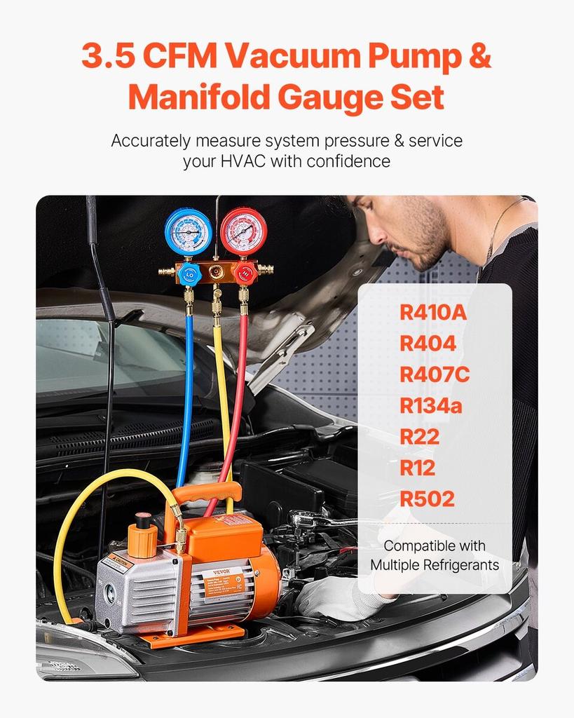3.5 CFM HVAC Single Stage Rotary Vane Vacuum Pump and Manifold Gauge Kit Compatible with R134a, R22, R12, R502, R502, R410A, R404, and R407C