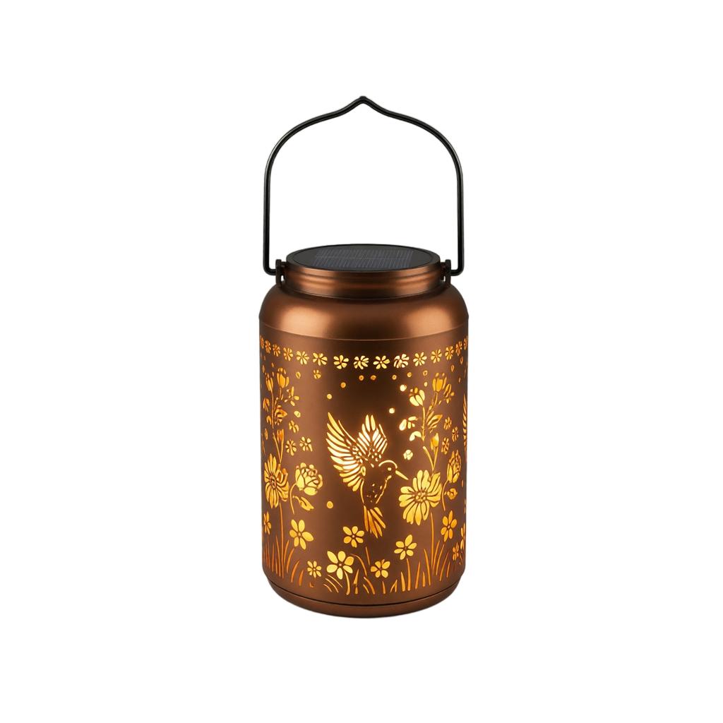 Solar Powered Lantern Outdoor Decorative Light with Metal Handle and Floral Hummingbird Pattern Suitable for Garden Patio Porch and Yard Lighting
