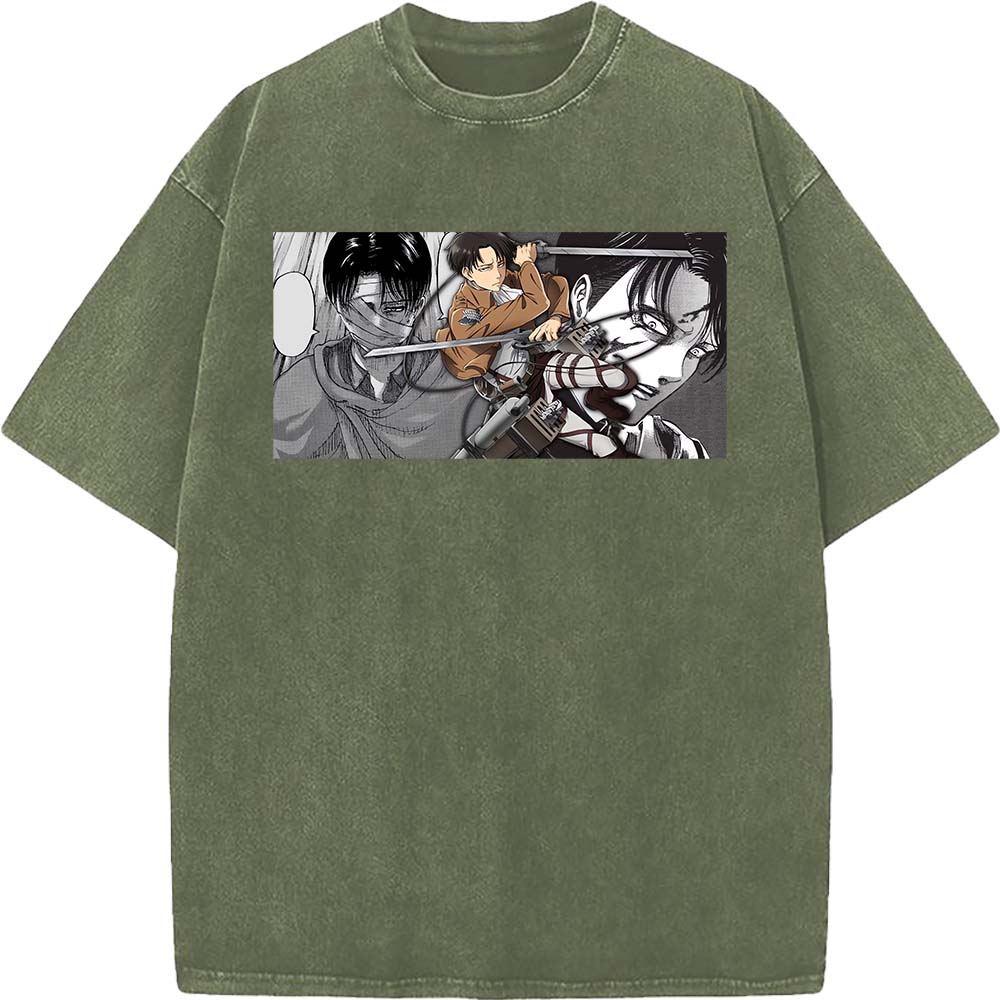 Anime Attack On Titan Levi Ackerman Graphic Tee Men Women Washed Cotton Tshirts Casual Manga T Shirt Harajuku Male Retro T-shirt