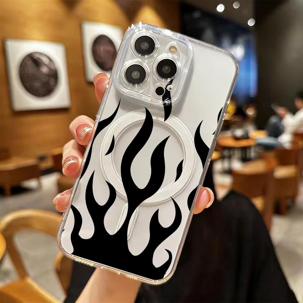 Black Flame Phone Case For iPhone 17 16 15 14 13 12 Pro Max Plus With Magnetic Crystal Clear Case Wireless Charge
