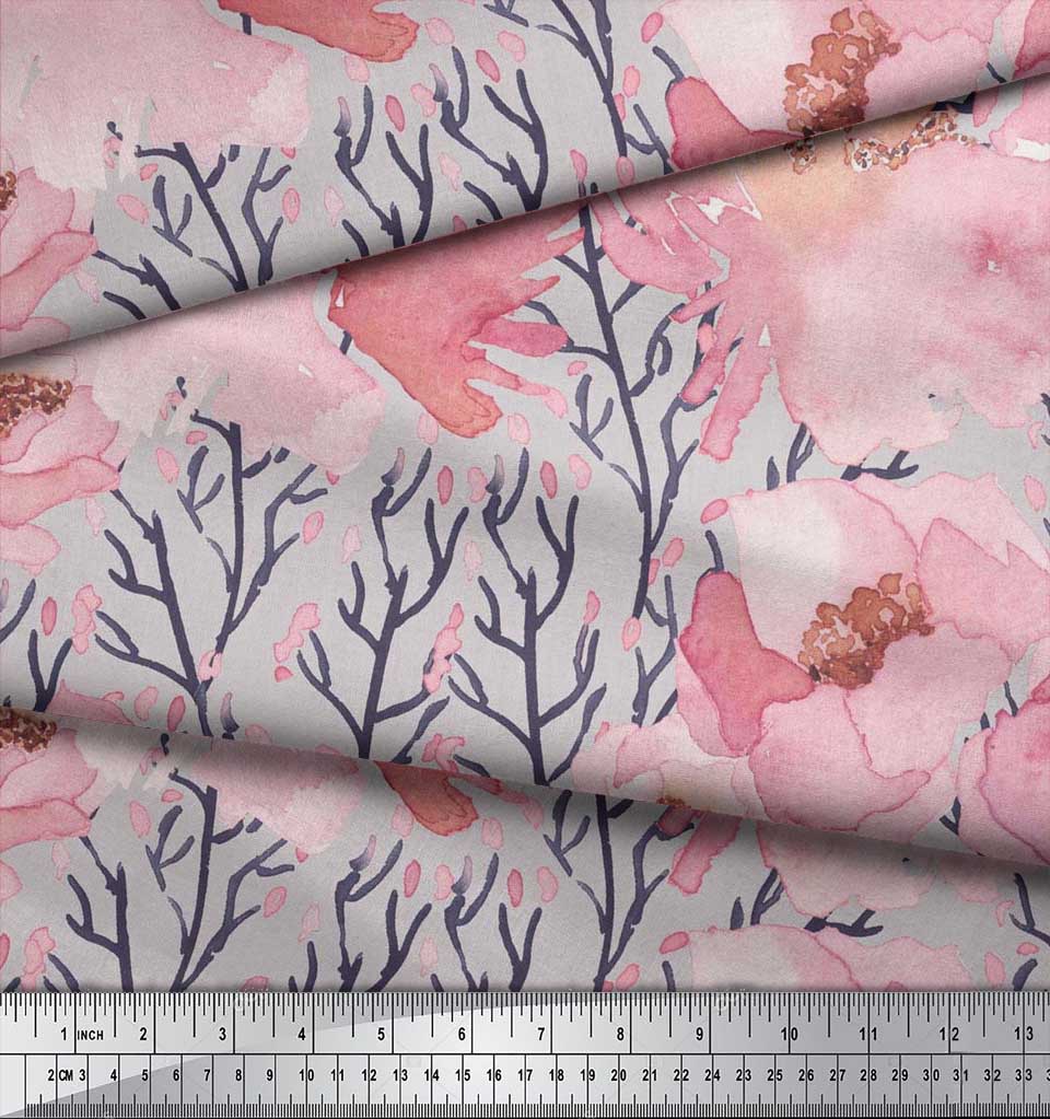 Soimoi Japan Crepe Satin Fabric Peony Watercolor Printed Craft Fabric by the metre 42 Inch