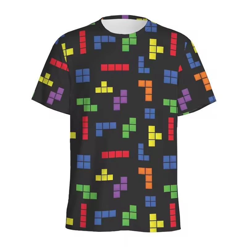 Retro Building Block 3D Printed T Shirt Men Jigsaw Puzzle Video Games Pattern T-Shirt Loose Street Short Sleeves Y2k Tee Shirts