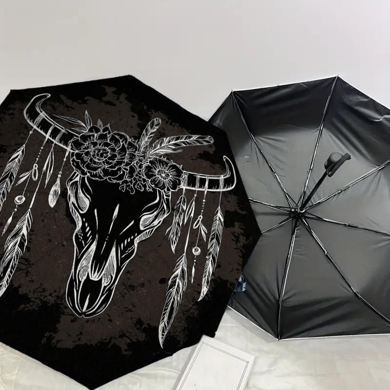 1PC Bull Skull Feathers Pattern Small Travel Compact Windproof Umbrella, Automatic Folding Umbrella, Automatic Open/Close ,Gift-161