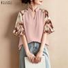 ZANZEA Women Casual V-Neck Splice 3/4 Sleeve Loose Blouse