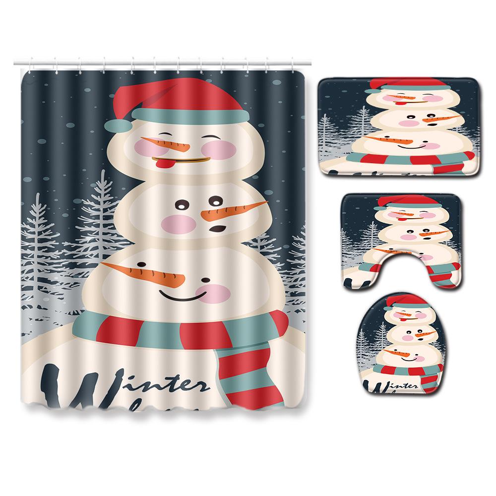 Christmas Home Door Mat Bathroom Toilet Shower Curtain Four-Piece Floor Mat Bedroom Absorbent Carpet
