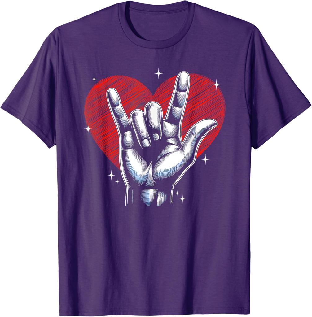 I Love You Hand Sign Rock Gesture Heart Graphic Print Short Sleeve T-Shirt Casual Daily Cotton Tee