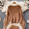 Autumn And Winter Retro Cross Sex V-Neck Bubble Sleeve Loose Sweater + High Waist Hip Knitted Half-Body Skirt Two-Piece Set