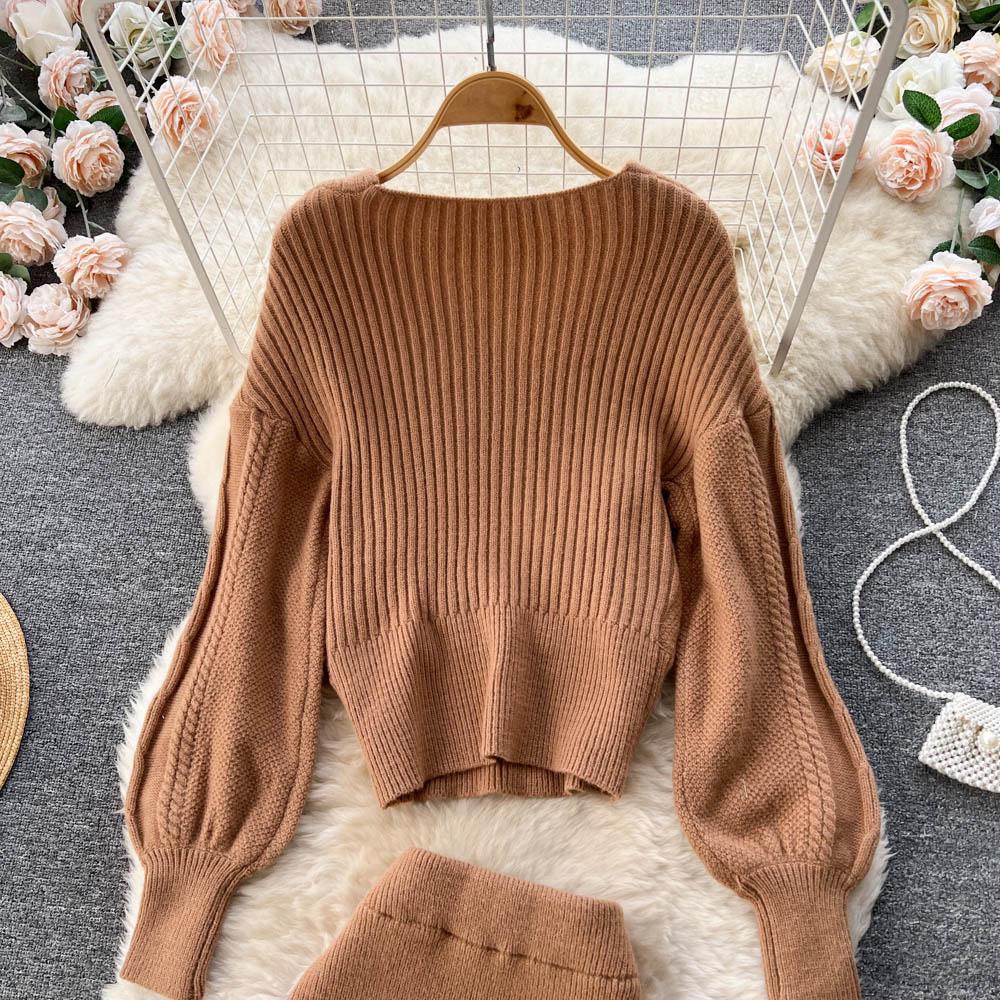 Autumn And Winter Retro Cross Sex V-Neck Bubble Sleeve Loose Sweater + High Waist Hip Knitted Half-Body Skirt Two-Piece Set