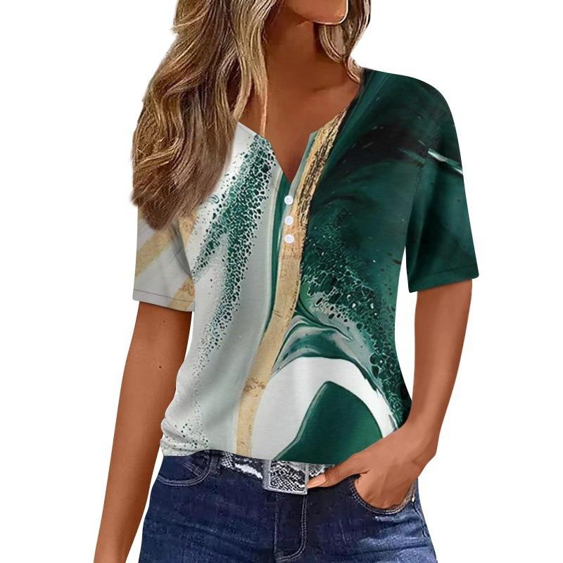Print Short Sleeve European Style Women Clothing T-Shirt V-Neck
