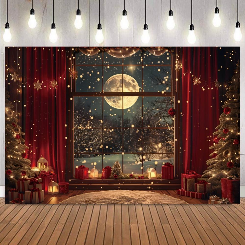 Christmas Photo Backdrop Santa Claus Gifts Xmas Tree Snowflake Full Moon Teddy Bear Photography Backgrounds Photoshoot Supplies4
