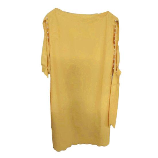 Women Dress Hollow Out Short Sleeves Round Neck Solid Color Soft Breathable Loose Knee Length Faux Pearl Decor Lady Commute Midi Dress