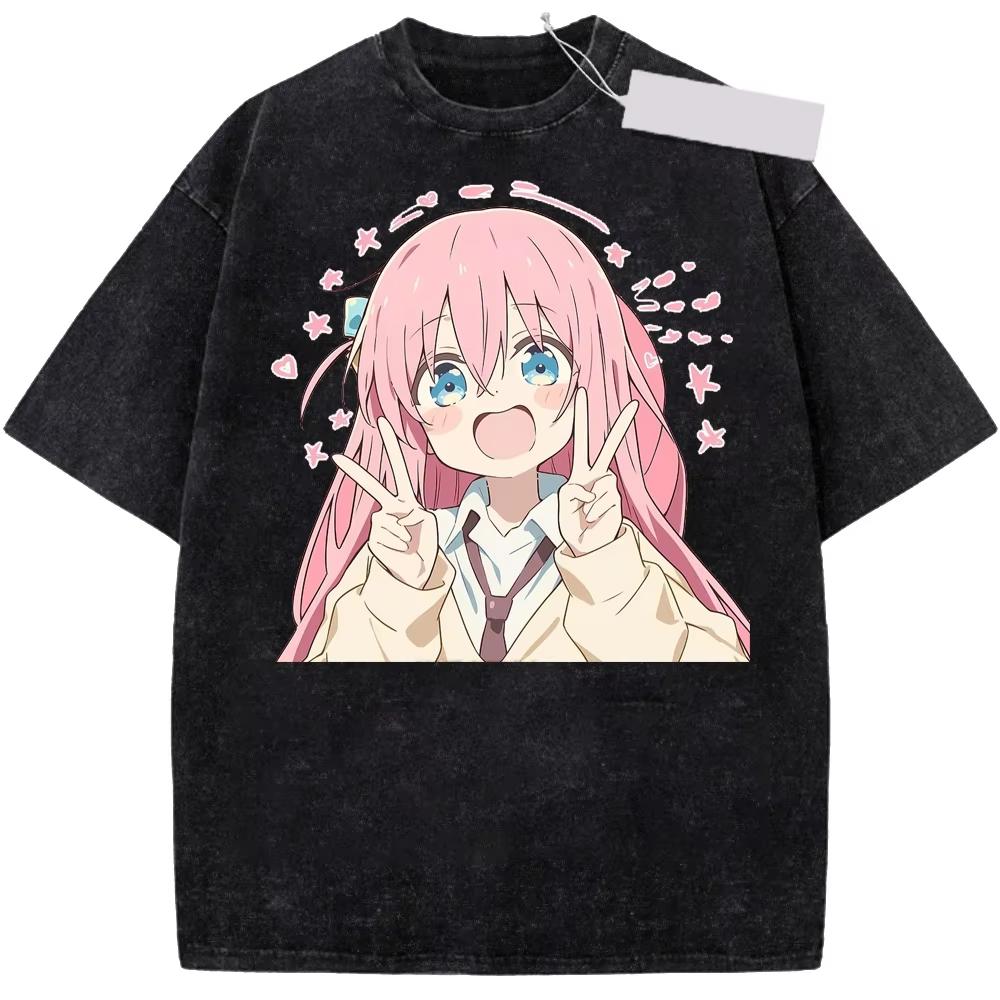Vintage Washed Neutral Loose Casual Streetwear T-Shirt for Men & Women With Anime Bocchi The Rock Gotoh Hitori Print