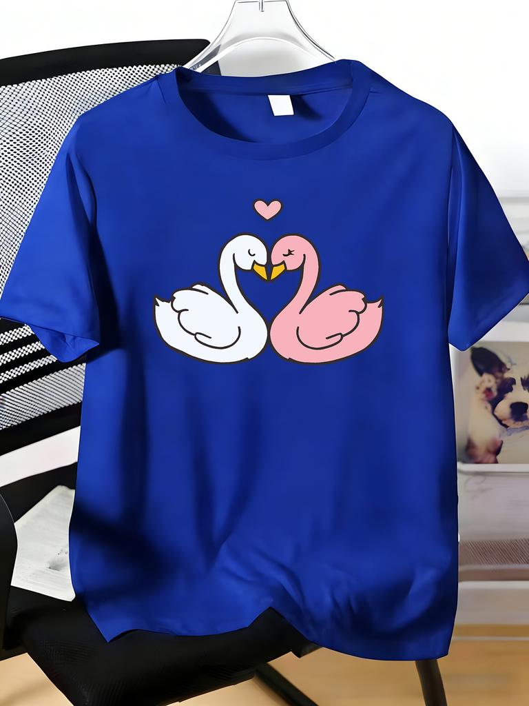 Unisexs Tee Loving Swan Couple Heart Cartoon Print Cotton Short Sleeve Male Casual Streetwear Outdoor Daily Basic Fashion Top