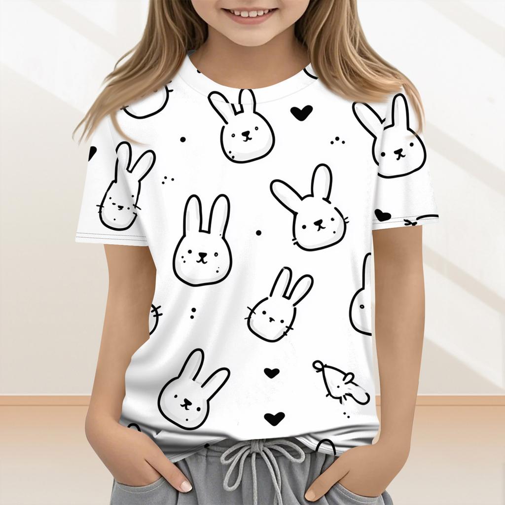 Lässige und modische Osterkleidung für Kinder, mit Hasen, Ostereiern und bedruckten kurzärmeligen Oberteilen und T-Shirts.
