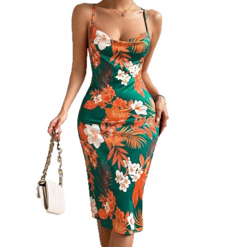 Western Style Summer New Sexy Sexy Sling Backless Lace-up Slim fit Slimming Big Flower Pattern Sleeveless Dress