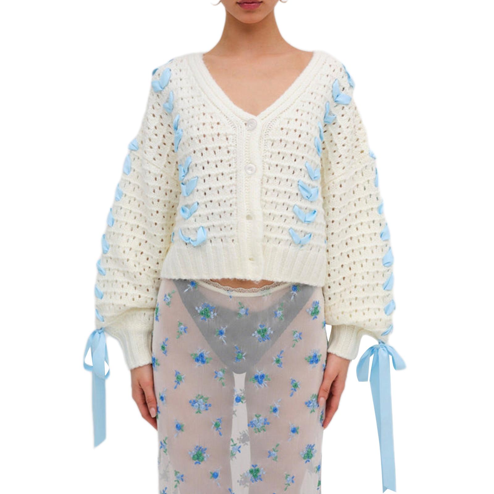 

Женский укороченный кардиган с длинными рукавами, контрастный цвет, V-образный вырез, декорированный завязкой, трикотажное пальто на пуговицах L синий