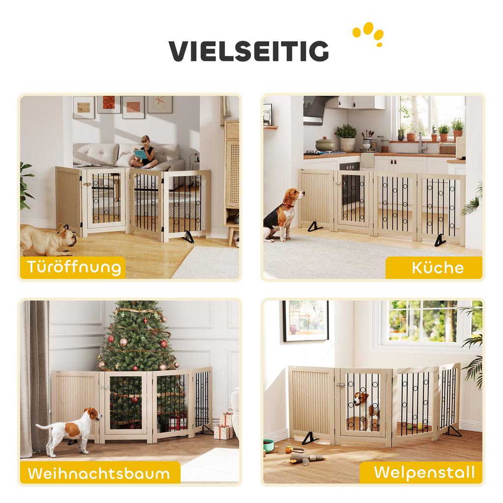 4 Panel Freestanding Pet Gate, Indoor Dog Barrier with Lockable Door, Support Feet, 360 Degrees Flexible Hinges, Oak