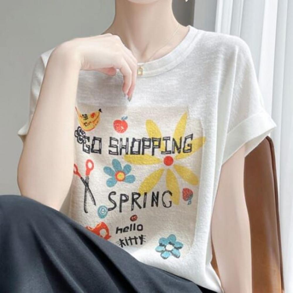 Navava Women Flower Print Short Sleeve Knit Tee Nk2994