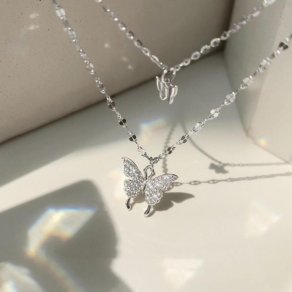 Double-Layered Butterfly Pendant Necklace - Titanium Steel, Light Luxury Design, Fade-Resistant Clavicle Chain