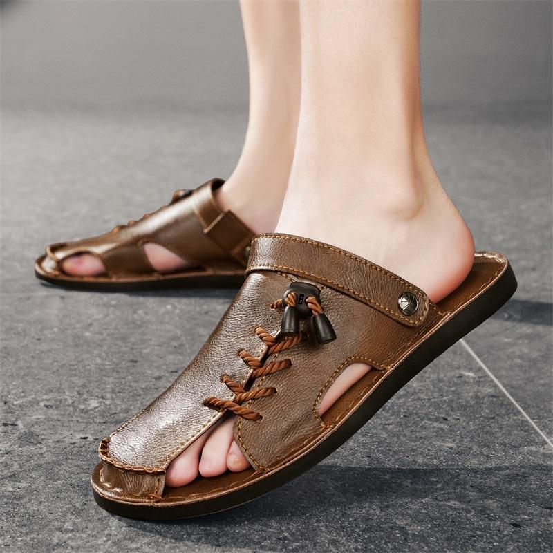 

Men Slippers Handmade Simple Flats Sandals Summer Roman Sandals Retro Black Brown Leather Beach Shoes Plus Size EU:48 коричневий
