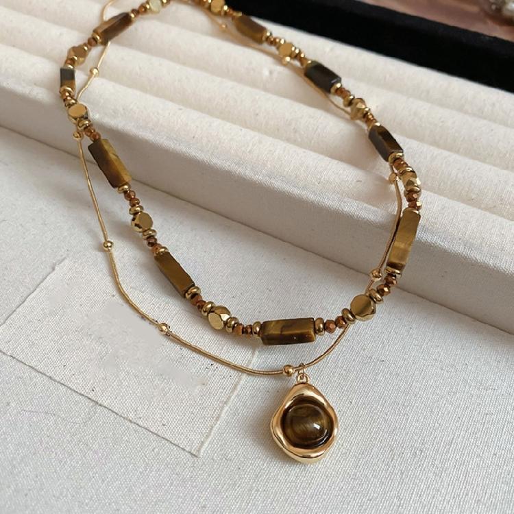Sophisticated Retro Styles Necklace with Tigers Eye Stone Pendant and Double Layer Chain Designs Accessory for Women