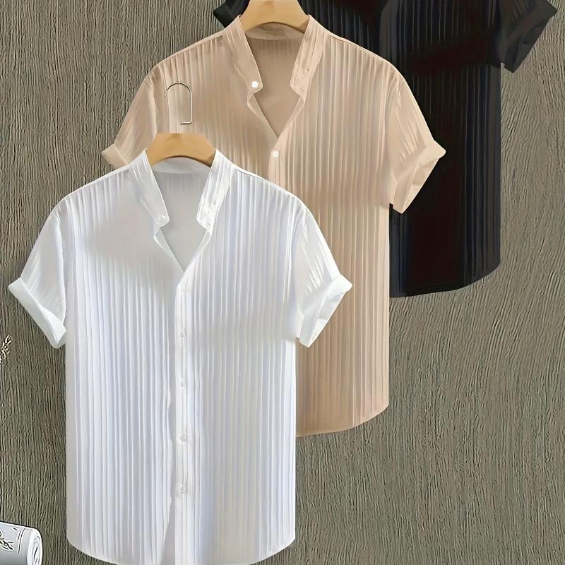 Men's Casual Short Sleeve Solid Color Button- Shirt with Stand Collar