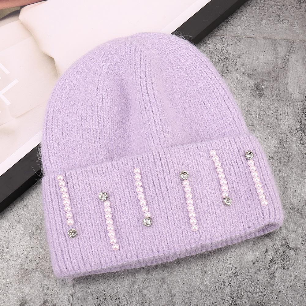 Autumn and winter new fashion rabbit hair blended rhinestone pearl installation versatile knitted hat outdoor simple warm wool hat