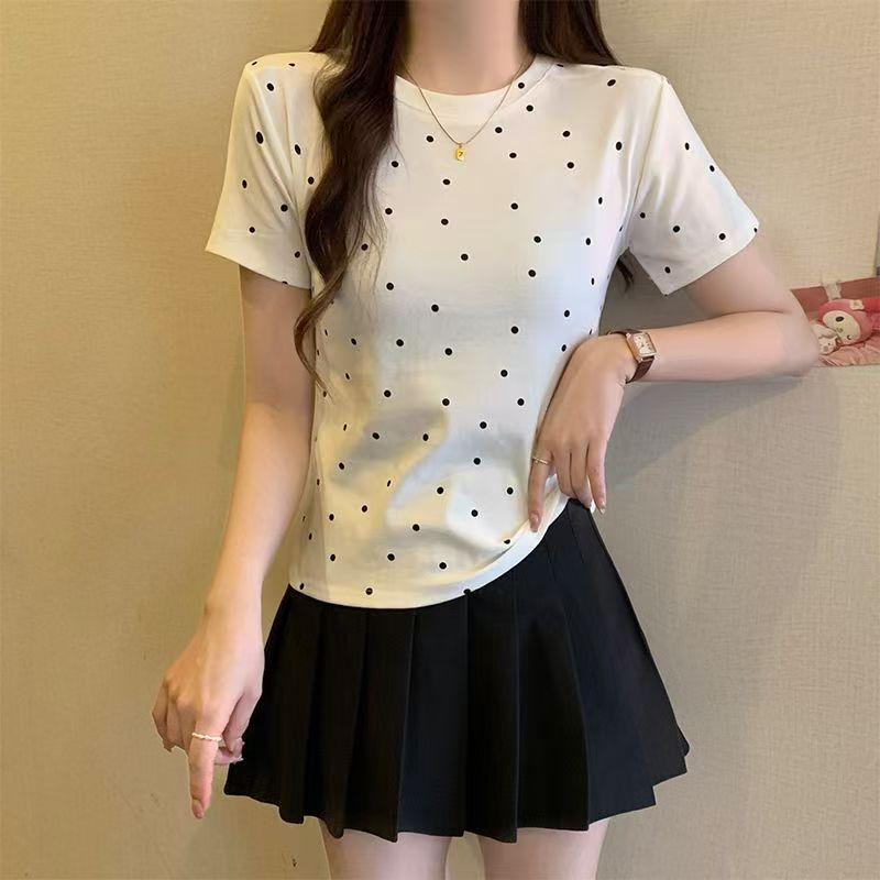 

Весенне-летний дизайн, футболка в горошек с коротким рукавом, женская, новая, модная, универсальная, облегающая, тонкая, корейский студенческий топ S