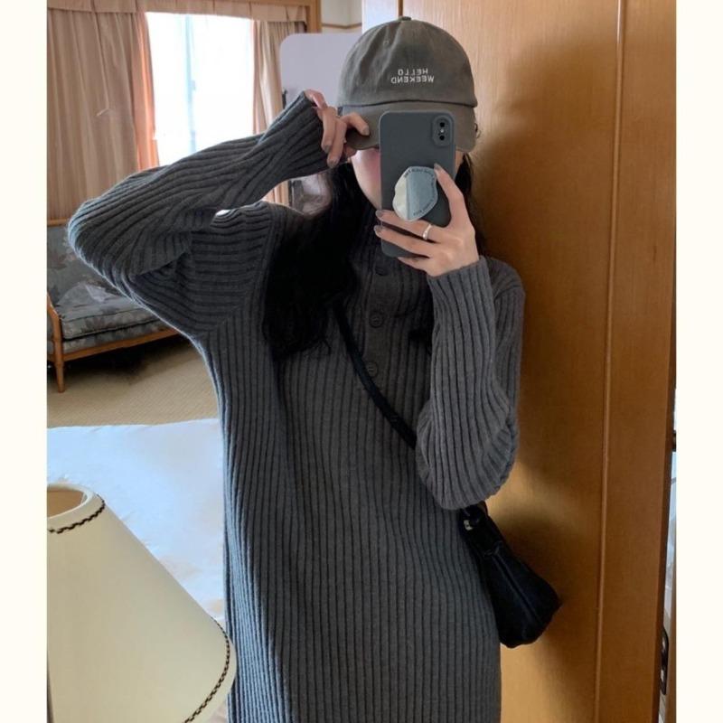 Retro loose and thin knitted dress for women's autumn and winter new medium and long inner sweater skirt trendy