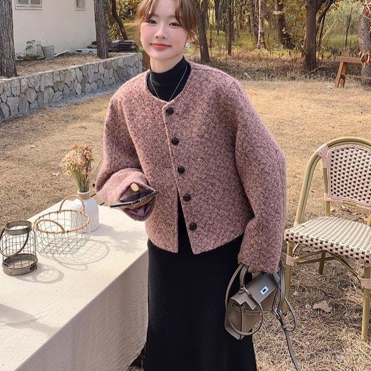 Purple-Pink French Tweed Jacket: High-End Winter 2025 Hangzhou Style, Wide Sleeves, Short, Padded.