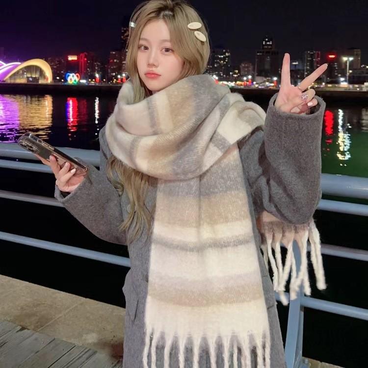 Vinterskjerf i koreansk stil med striper og imitasjon av kasjmir for kvinner - Tykkere plysjvarme