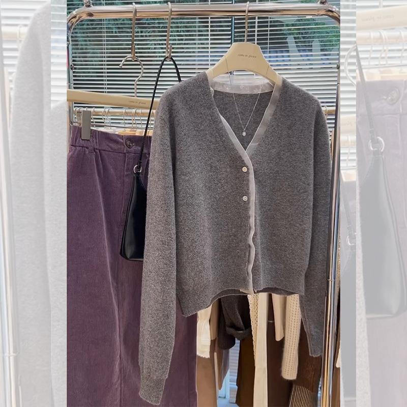 Gray lace splicing lace short cardigan sweater jacket women's autumn and winter small people wear knitted sweater