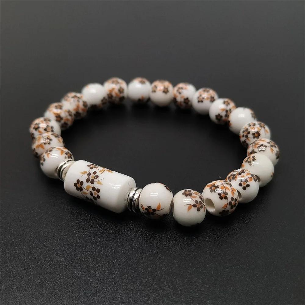 B21 Blue White Pattern Creativity Porcelain  Printing Exquisite Stretch Bead Bracelet 8MM  Plum Blossom Bead Bracelet Jewelry