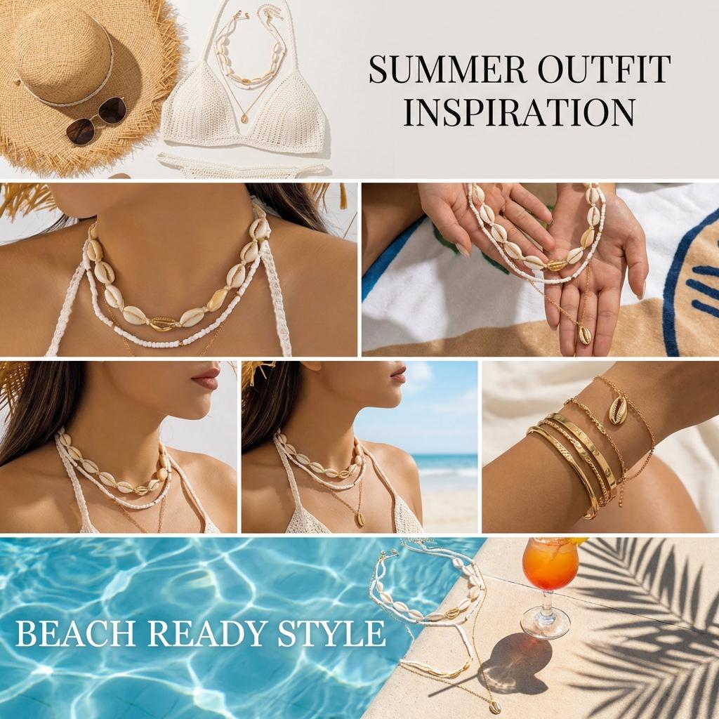 Boho Mehrschichtige Metall Muschel Halskette für Damen Trendy Muschel Seestern Reiskorn Perlen Kette Choker Sommer Strandparty Schmuck