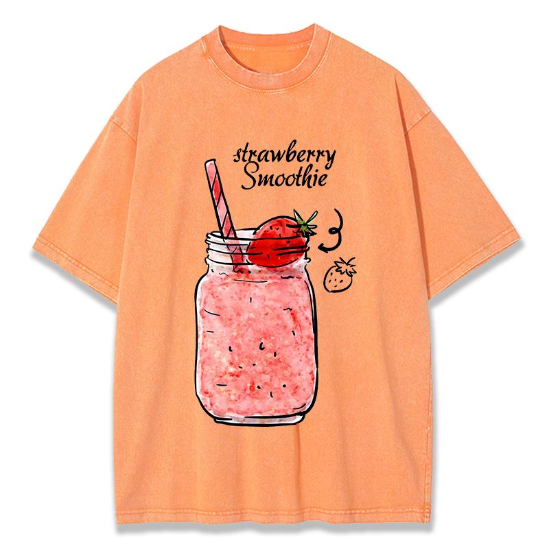 Strawberry Smoothie Print Washed TShirts Womens Cotton Tops Comfortable Distressed ONeck T Shirts Summer Casual Woman Clothes