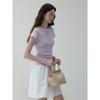 "Mesh splicing semi-transparent round neck knitted T-shirt women's summer temperament waist pleated top