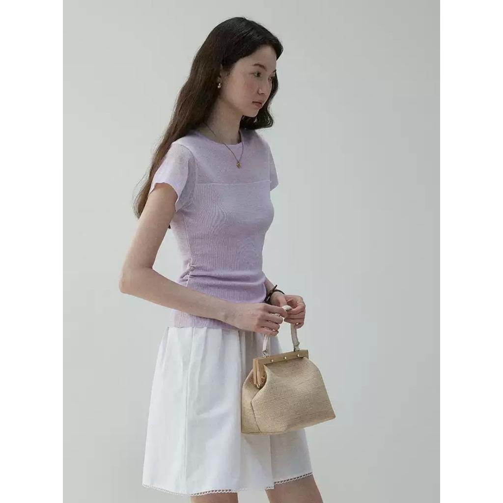 "Mesh splicing semi-transparent round neck knitted T-shirt women's summer temperament waist pleated top