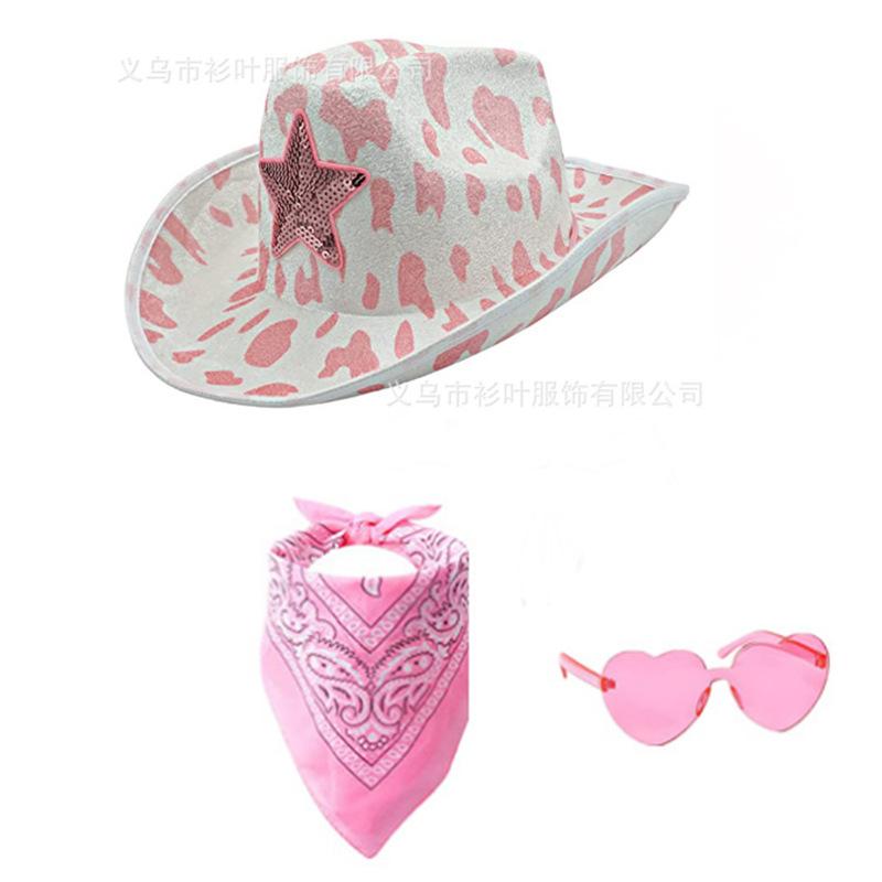 Feather Edge Letter Cowboy Hat Sequins Pink Western Rough Edge Cowboy Hat Glasses Square Towel Three-piece Set