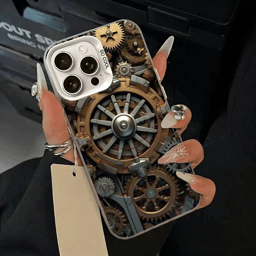 Mechanical Gear Phone Case For IPhone 17 Air 16 15 14 13 12 11 Pro Max White  Sliver  Hard Cover