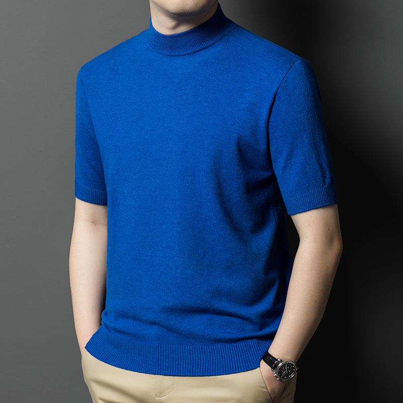 Men's Slim Fit Half-High Neck Wool Blend Knit Shirt - Short Sleeve, Fashionable, Versatile, Business Casual.