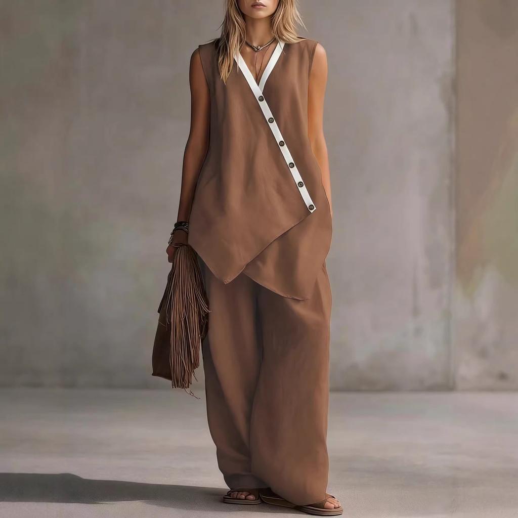Bohemian Style Sleeveless Cotton Vest And Wideleg Pants Casual Set For Women Spring Summer