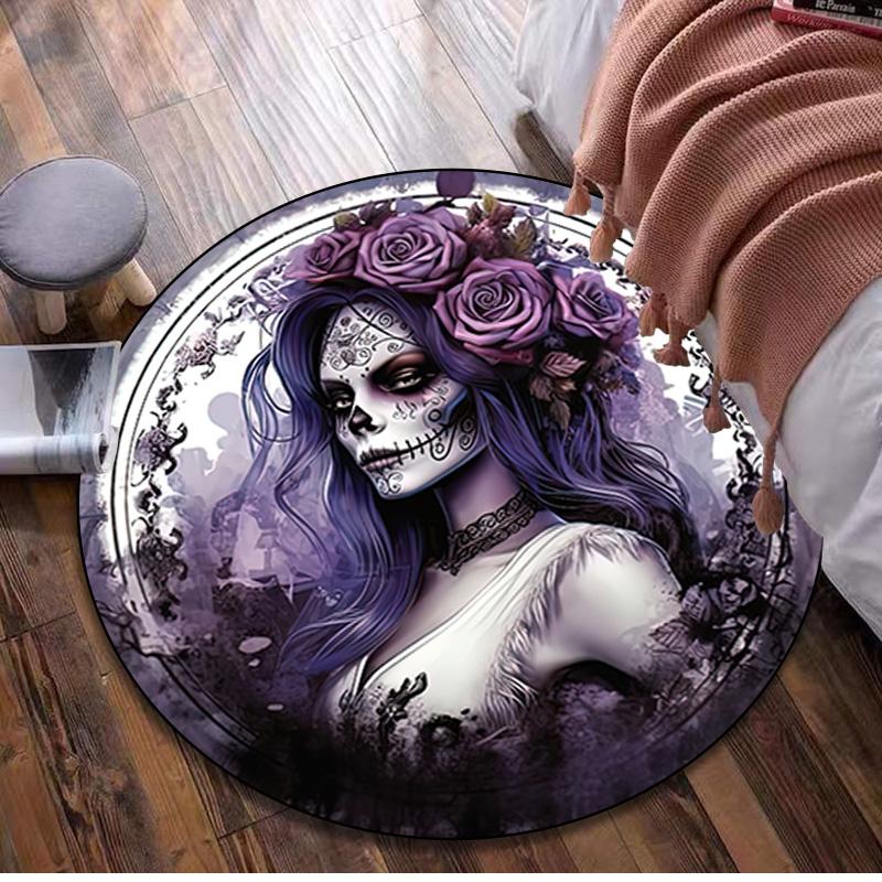 1Pc Day of the Dead Skull Circular Print Rug - Home Decoration Carpet For Living Room Bedroom Flooring Computer Chair Area Rug