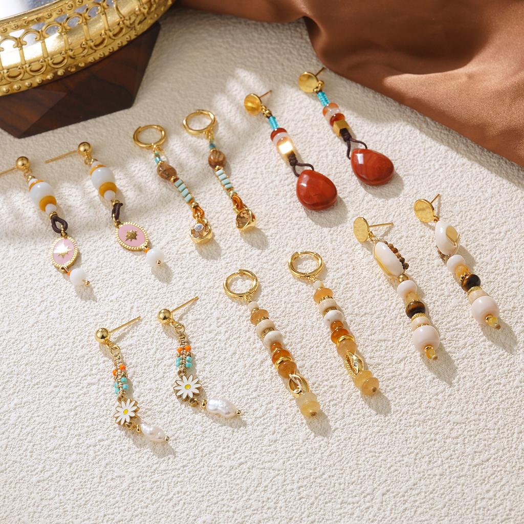 Bohemian beaded handmade design natural stone earrings retro personality new Chinese stud earrings premium feeling earrings