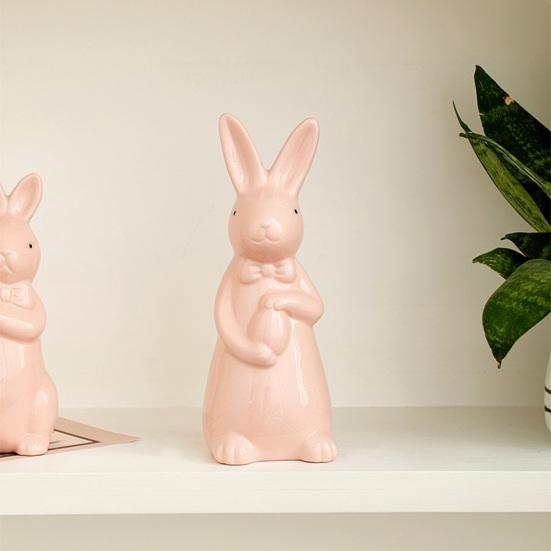 Easter Holding Egg Rabbit Figurine Ceramics Bow Tie Bunny Statue Sculpture Spring Easter Holiday Party