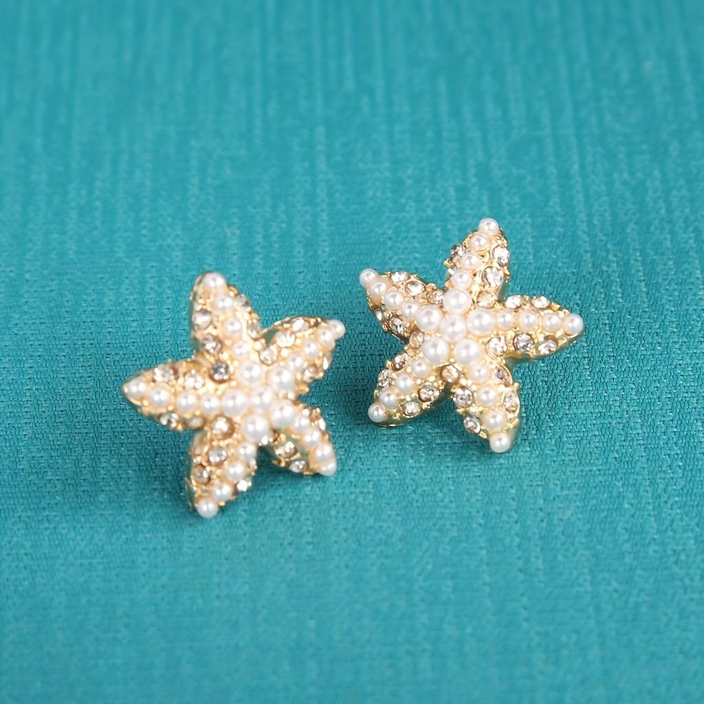 Starfish Shape Stud Earrings with Imitation Pearls and Rhinestones Gold Plated Metal Base Elegant Ocean Inspired Jewelry for Women