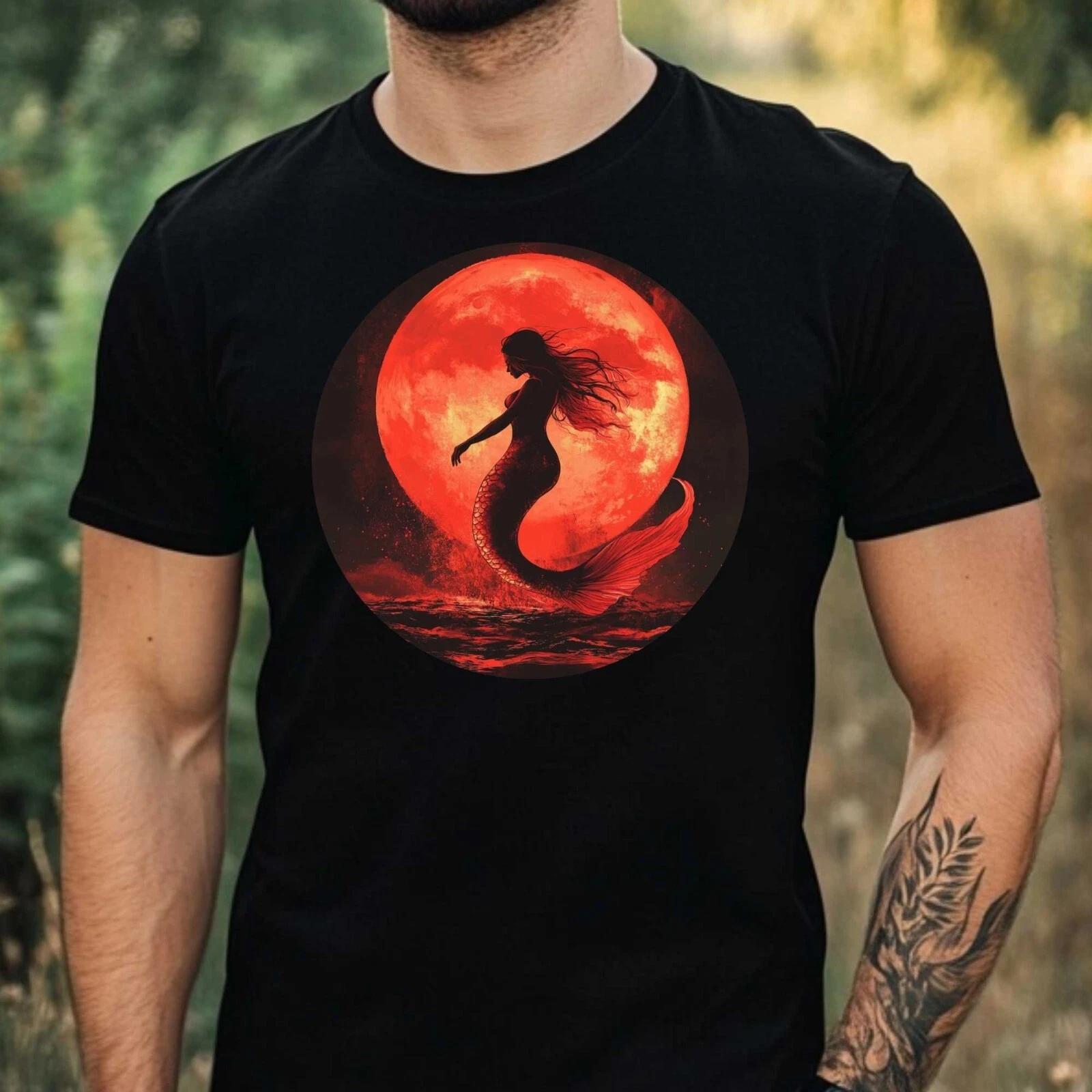 T-Shirt Herren Meerjungfrau Roter Mond Motiv Baumwolle Größe XS bis 5XL L