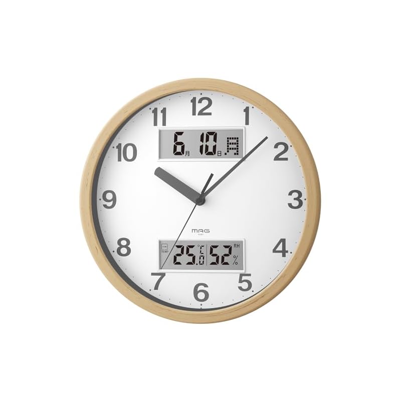 MAG Wall Clock, Analog, Stylish, Interior Decor, Thermometer, Hygrometer, Calendar, Silent, Continuous Second Hand, 29.0cm Diameter, Wood Grain